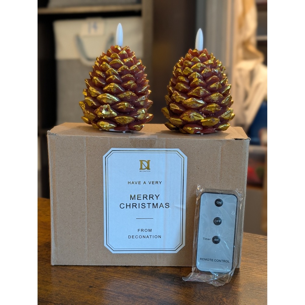 Decoration Pinecone NEW LED Candles Set (2) Remote Timer Christmas Decor Box NIB